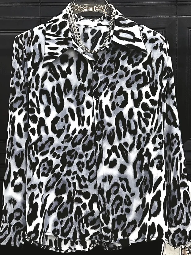 

Sexy Leopard Print Silk Men's irt Loose Long Sve Satin Feel Ice Silk Four Way Stretch No Iron Required Breathable Comfor...