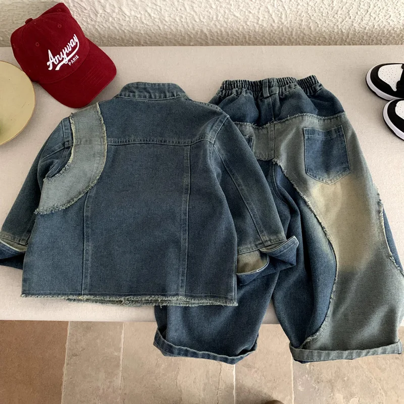 Boys Suit 2026 Spring and Summer New Childrens Wear Boys and Girls Heavy Industry Stitching Hair and Beard Denim Two-piece Set
