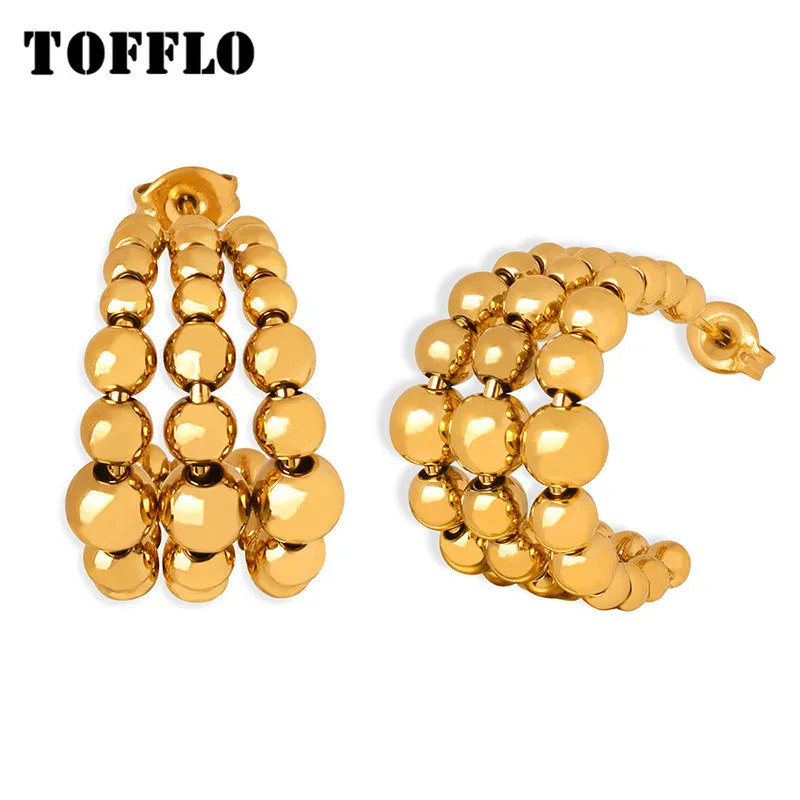 

TOFFLO Stainless Steel Jewelry Steel Three Row Beaded Layered Minimalist Earrings For Women BSF965