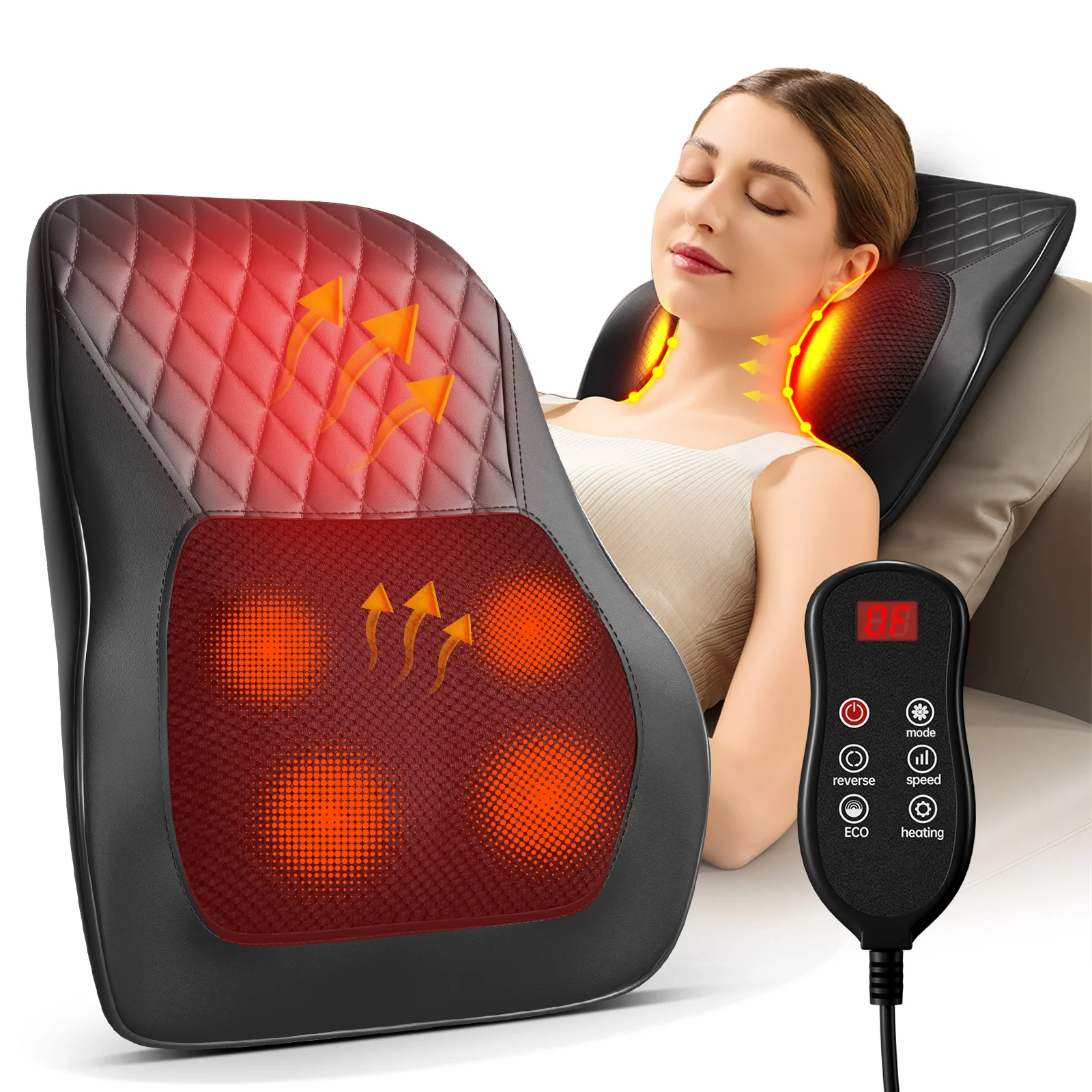 Almohada de masaje eléctrico para el cuello, cabeza Shiatsu, ajuste de 3 velocidades, masajeador corporal para espalda y cintura, coche con calefacción, masaje vibratorio, relajación