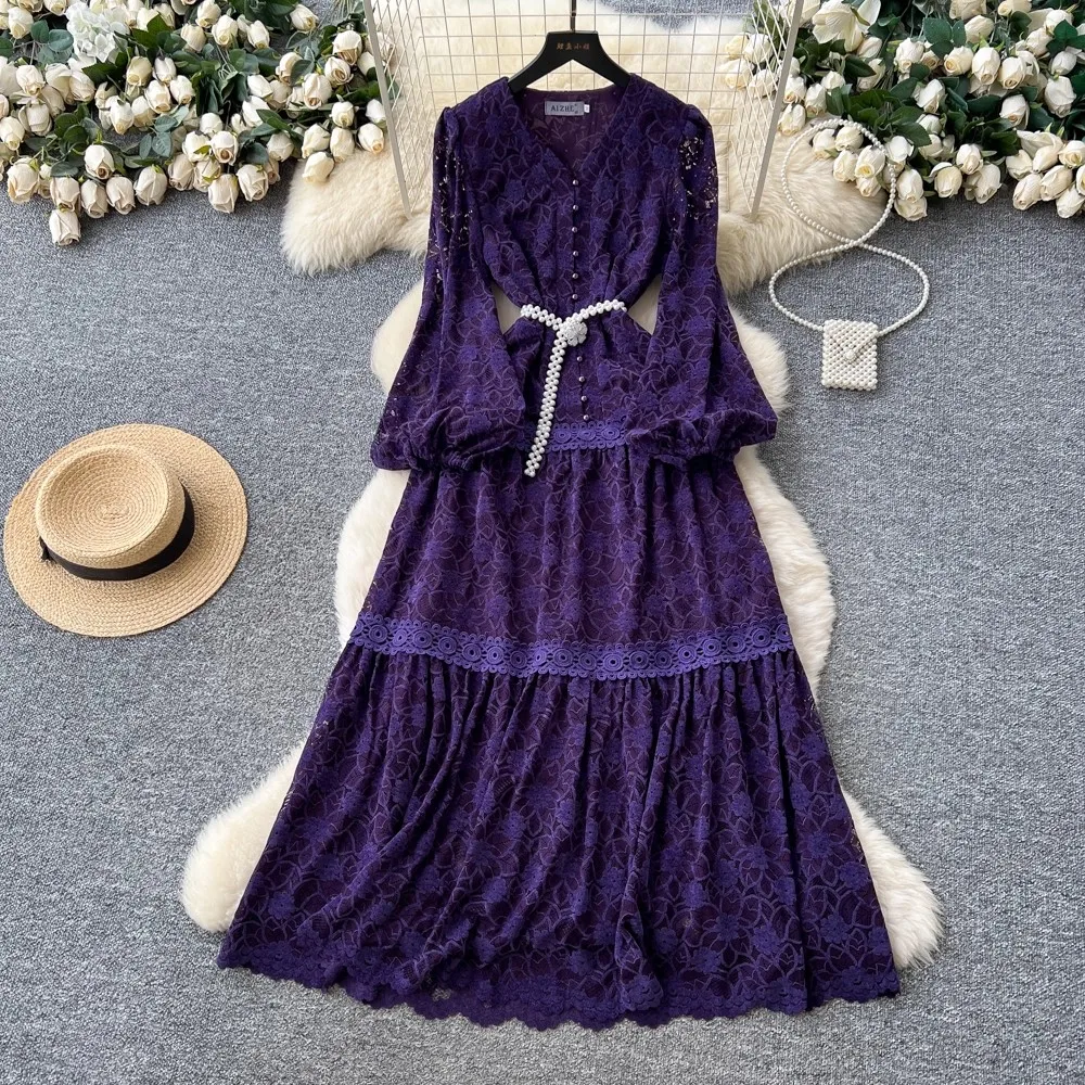 French Elegant Lace Embroidery Hollow Out Women Dress Female V-Neck Single Breasted Pearl Buttons Maxi Dress 2025 Spring Fashion