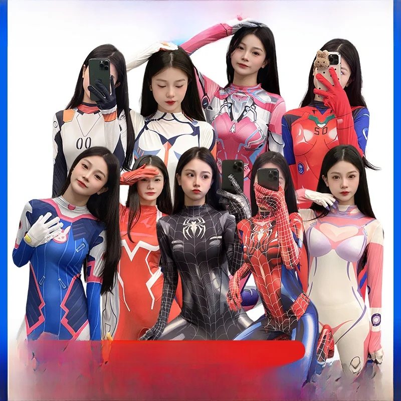 زي تنكري نسائي لهالوين من الإيفا والسباندكس، بدلة سبايدرمان قطعة واحدة باللون الأحمر والأزرق والأسود، زي رينا تسويشيماكو للتنكر #2