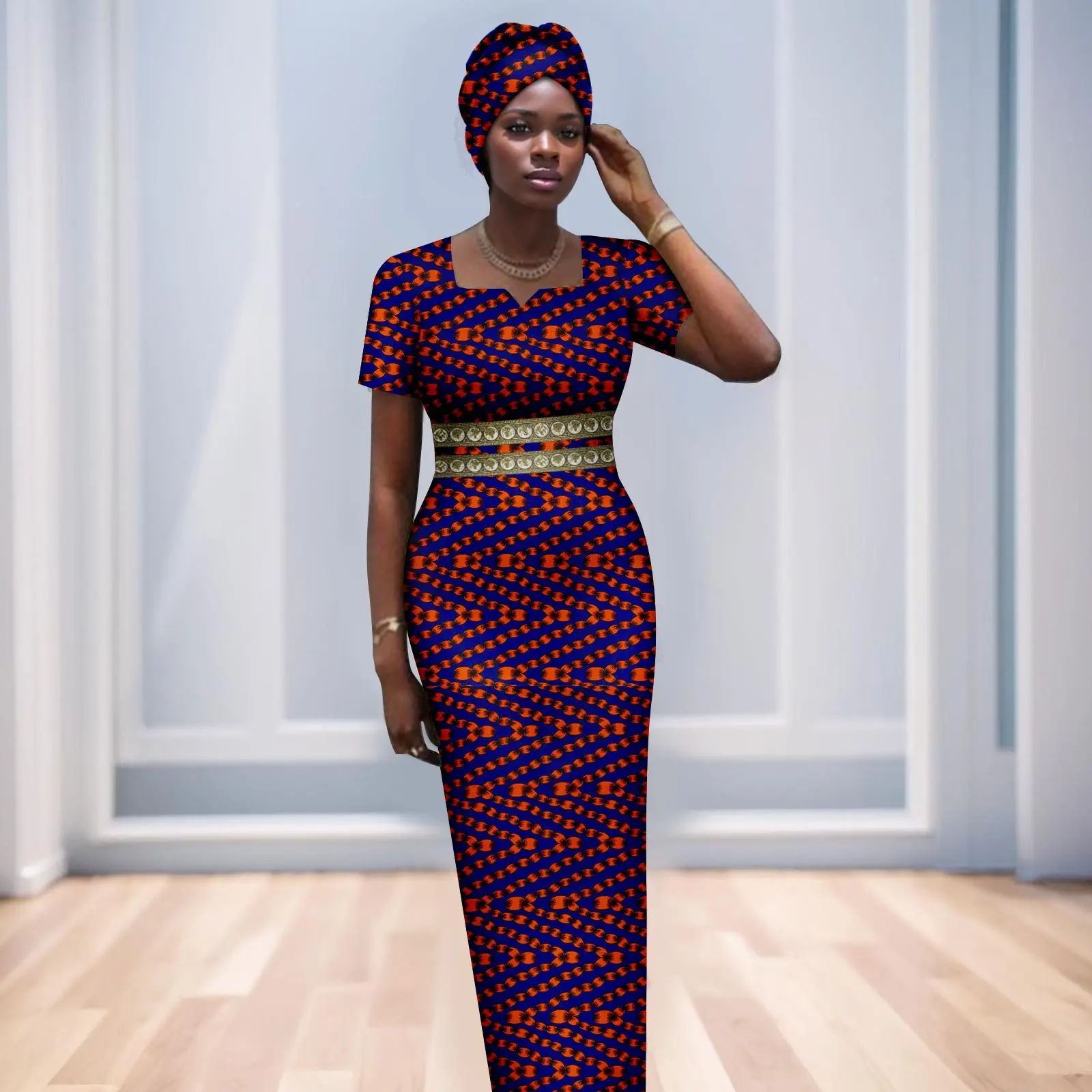 

African Dresses for Woman Luxury Gown Short Sleeve Square Collar Dress Vestidos with Headwrap Wedding Dress 2525078