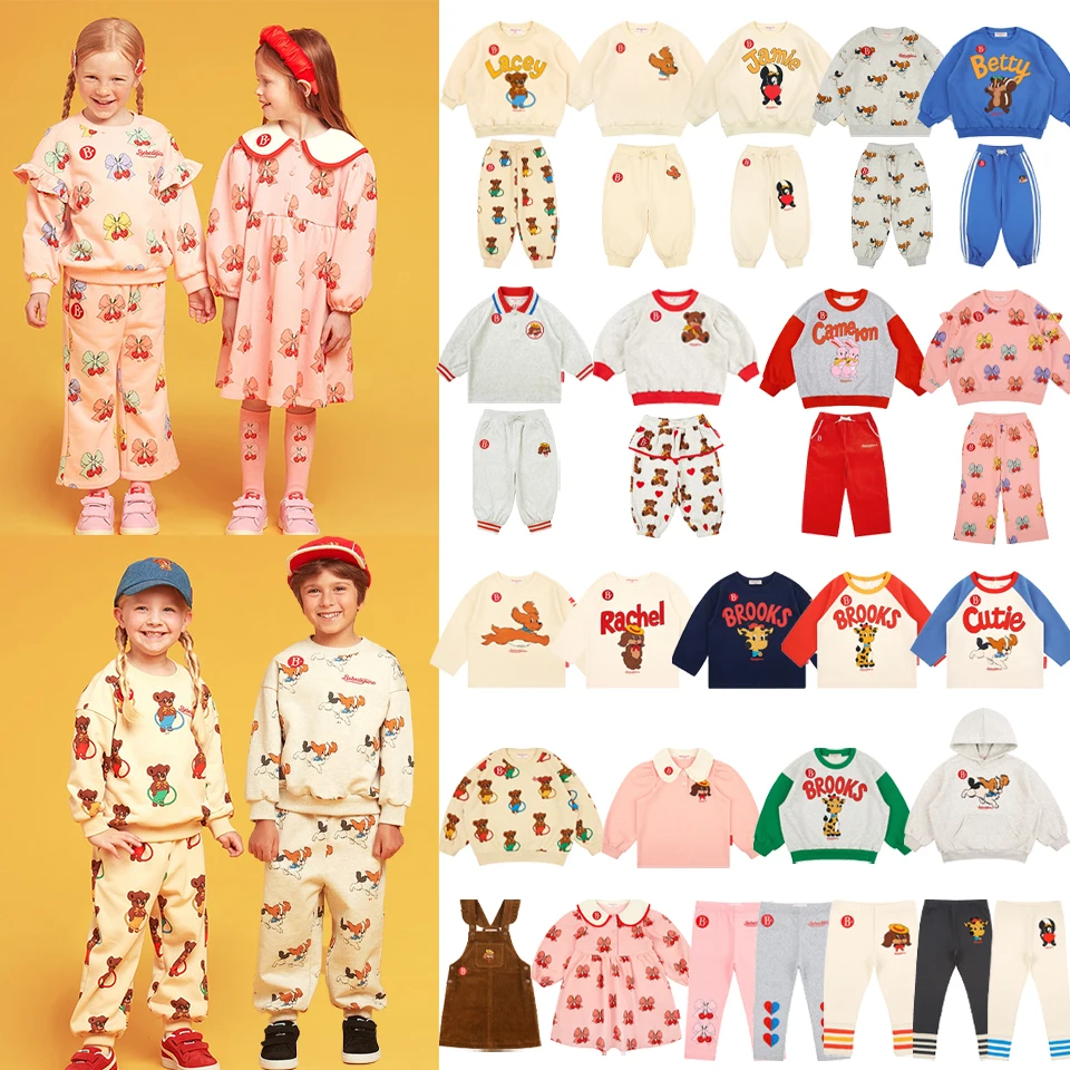 Korean Bebe 2024 Autumn Boys Cartoon Sweatshirt Pants Baby Kids Hoodies Trousers Leggings Girls Dress Tops Children Clothes Set