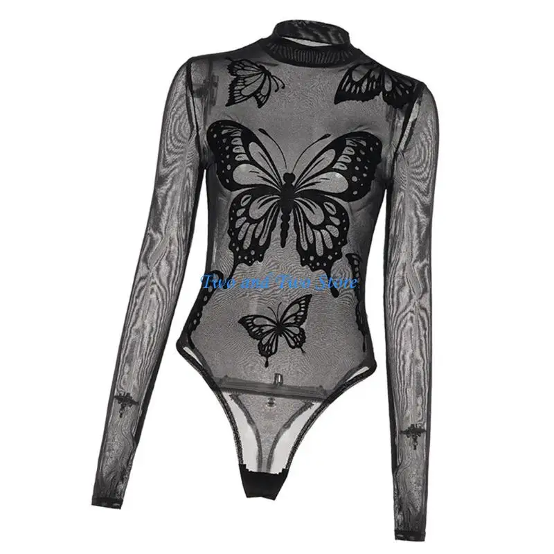 

HX6F Mock Neck Long Sleeve Bodysuit In Sheer Mesh for Women Nightclub See Through Butterfly Print Skinny Jumpsuit Leotard Top