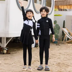Kids Boys Girls Surfing Suit 3-Piece Sun UV Swimsuit Front Zipper Patchwork Swimwear Shorts Long Sleeves Beach Bathing Suit