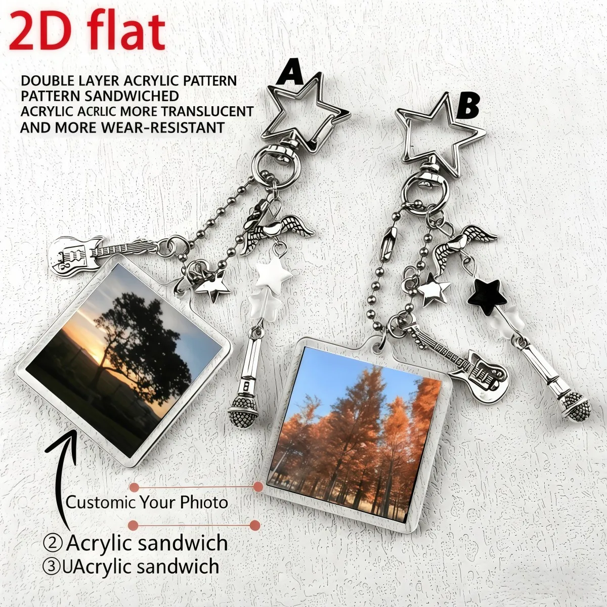 2D Flat Custom Acrylic Photo Keychain Creative Comic Frame Keyring Guitar Microphone Pendant Valentine Commemorative Gift