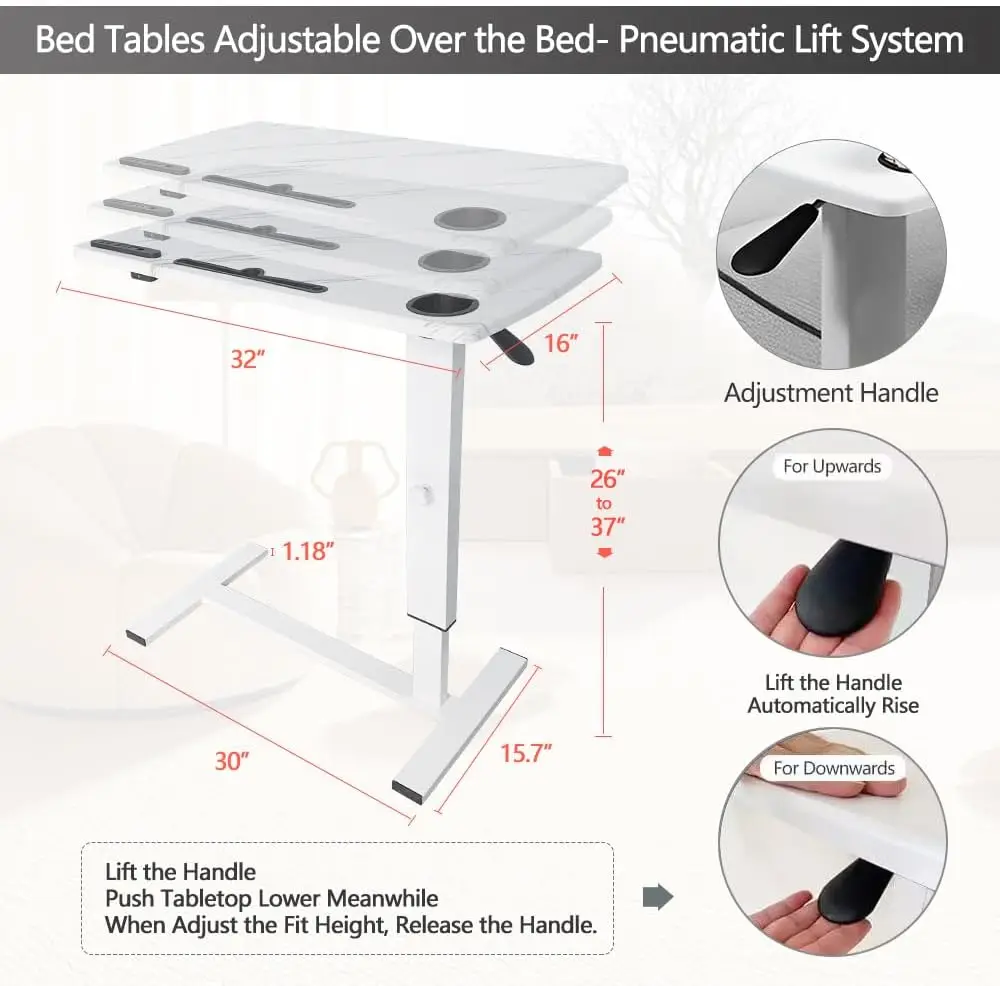 Table,Hospital Bed Table,Pneumatic Bed Tables Adjustable Over The Bed with Hidden Wheels&USB Port,Mobile Laptop Table