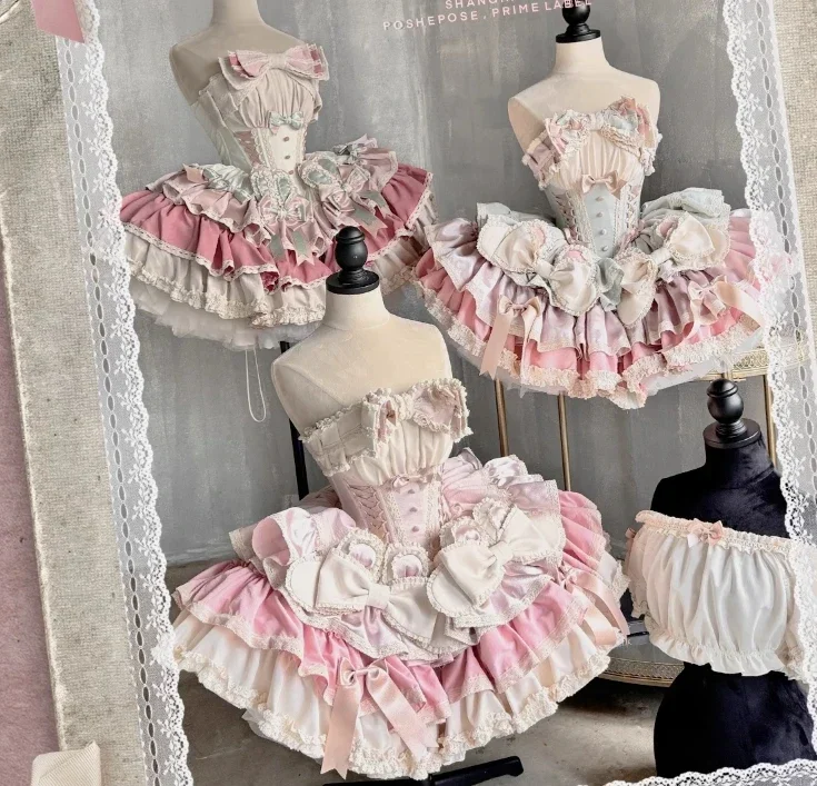 New Birthday Gift Cosplay Lolita Dress Women Girls Sweet Big Bow Strapless Princess Dresses 2024 Spring Summer Party Dress