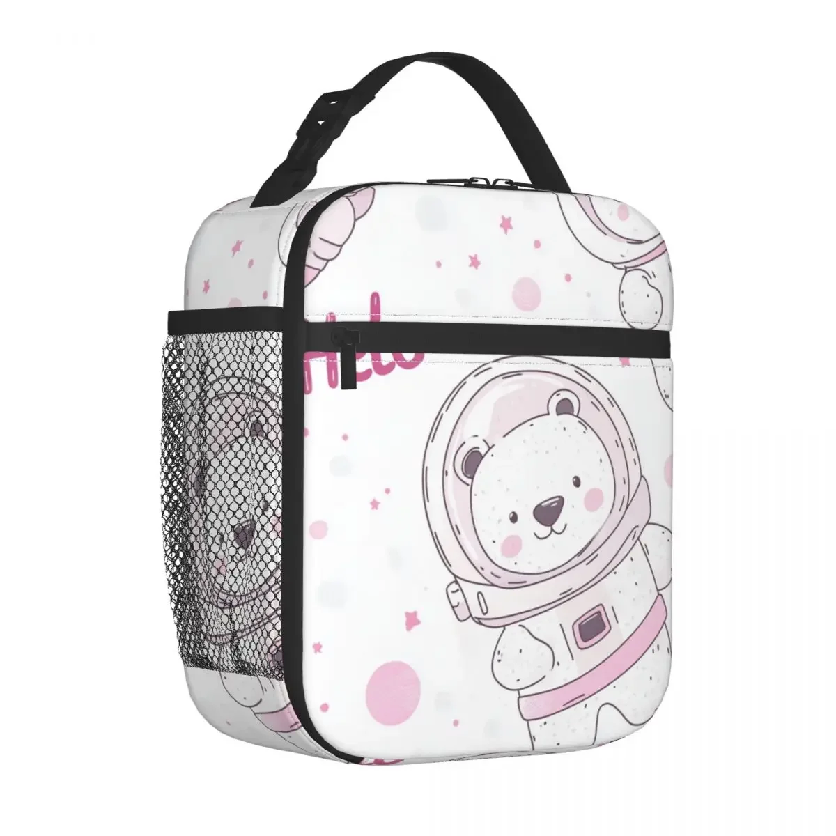 Insulated Lunch Bag with Cute Space Bear Design, Durable Oxford Cloth, PEVA Lining, Front Mesh Pockets, Ideal for School Travel