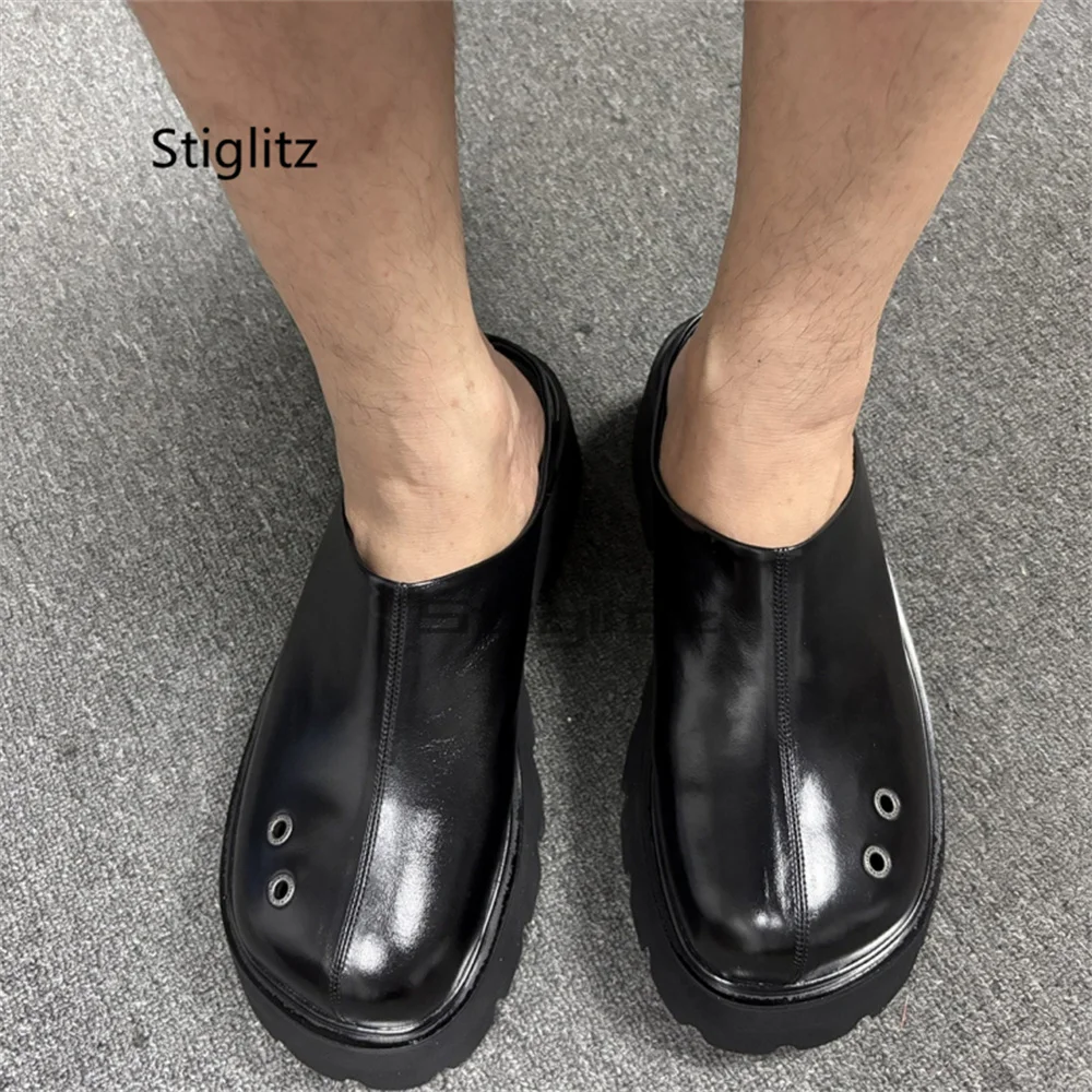 Men's Black Leather Thick Platform Half Shoes Eyelet Decor Slip On Backless Casual Mules Slippers Handmade Streetwear Male Shoes