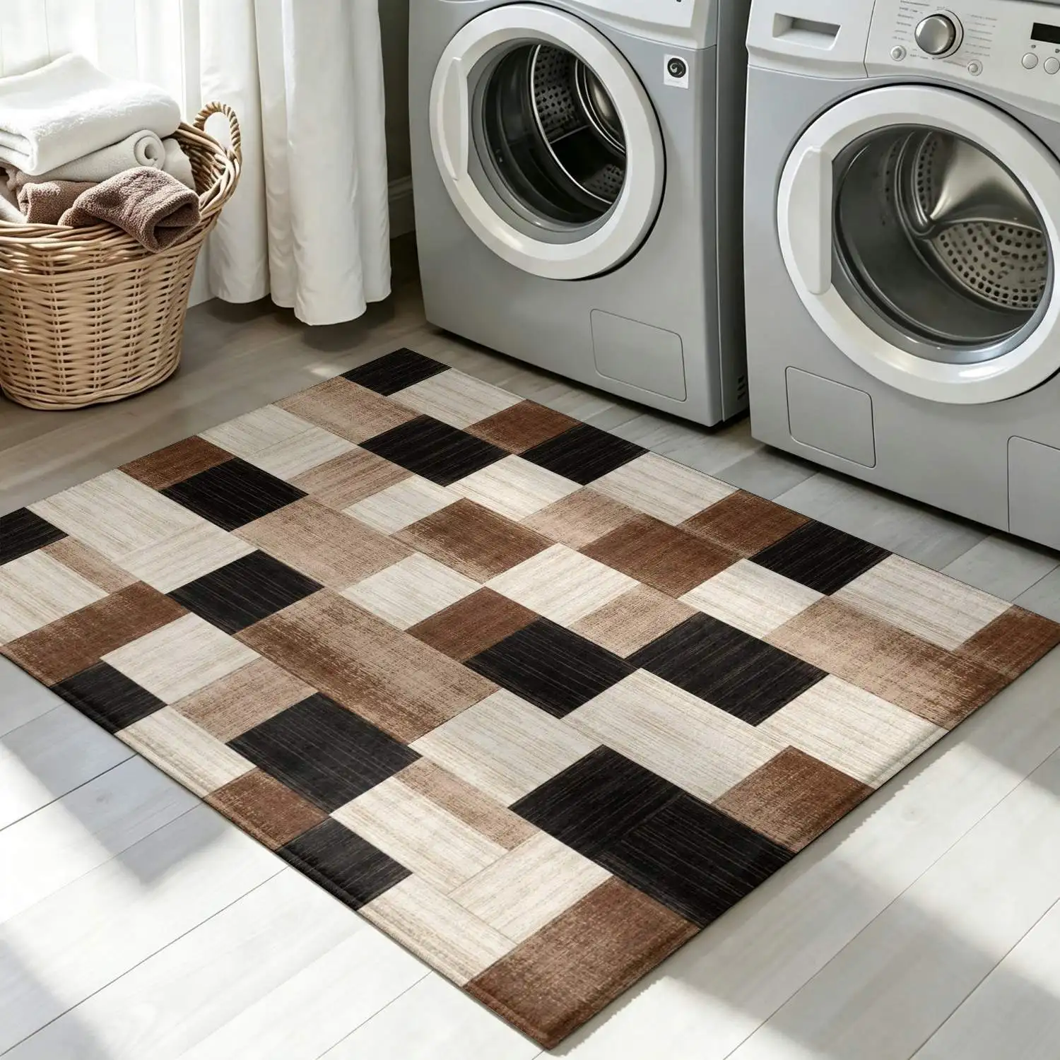 1Pc 2D Printed Black & Brown Geometric Square Pattern Carpet, Nordic/Modern Minimalist/European/Instagram Style, Multi-Size, Machine Washable, Ideal for Living Room, Bedroom, Dining Room, Entrance, Study, Home Decoration