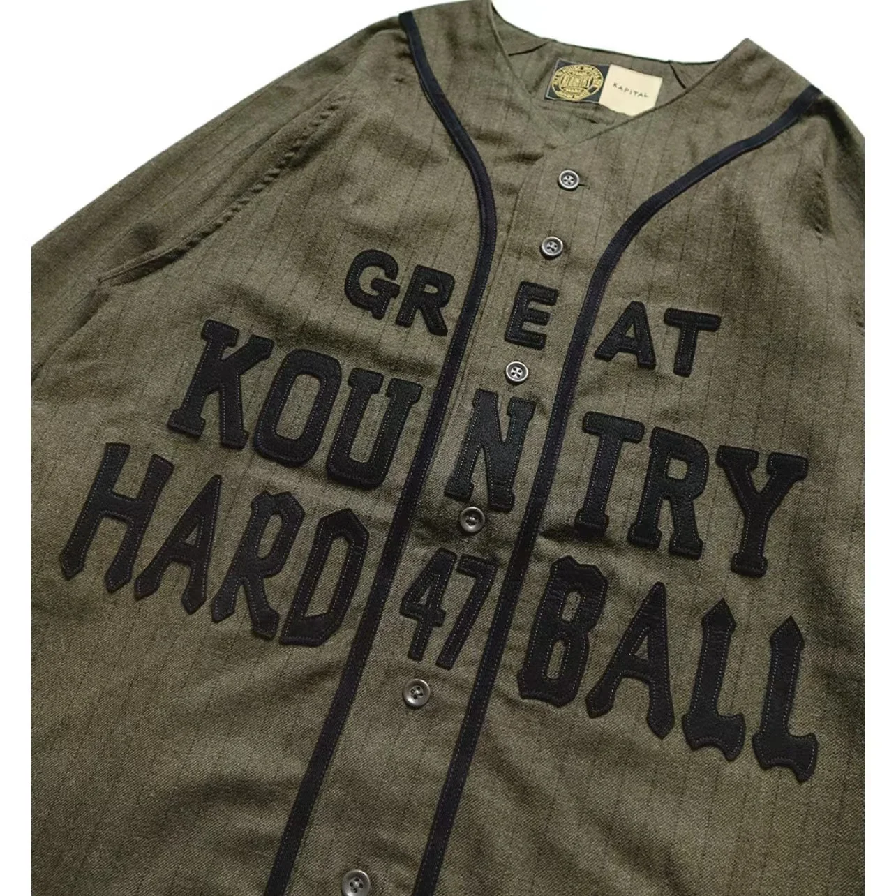 23SS KAPITAL Hirota Japan Wool Blended Striped Letter Men\'s Jacket Army Green V-neck Popular Spring  Autumn Loose Shirt Coat