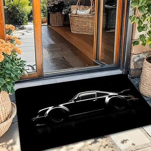 Entrance Welcome Mat Streamlined Sports Car Silhouette White Highlight Contours Printed Solid Black Backdrop for House Floor