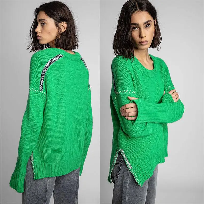 Zadig Women Fashion Sweater Fashion Green Embroidered Cotton Knitwear Female Cashmere Crew Neck Long Sleeve Winter Knitwear Tops