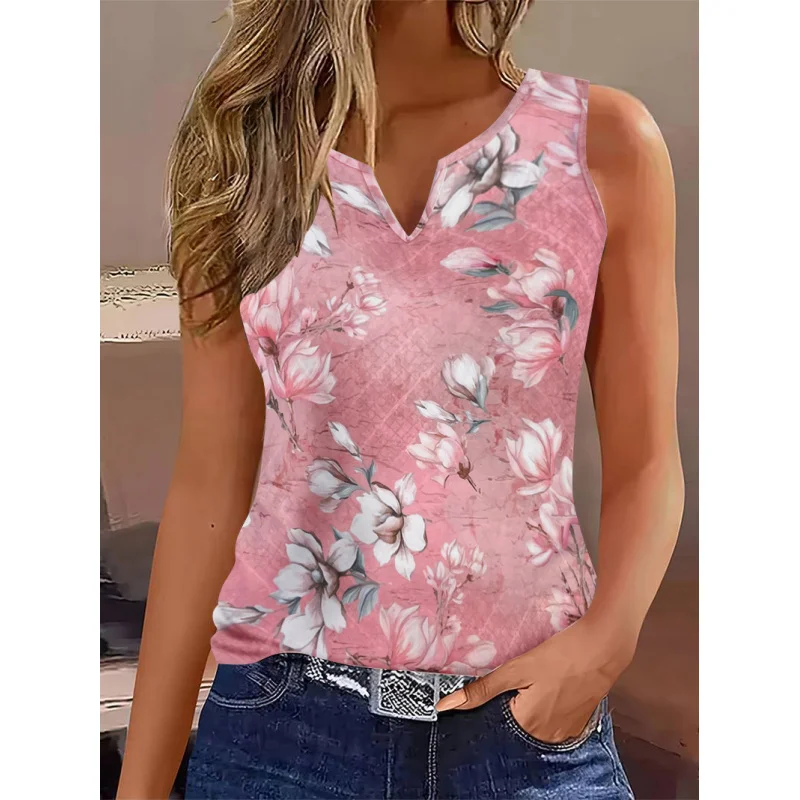 

European and American Summer New Fashion Simple High-Quality Breathable Notched SleevelessVCollarTShirt