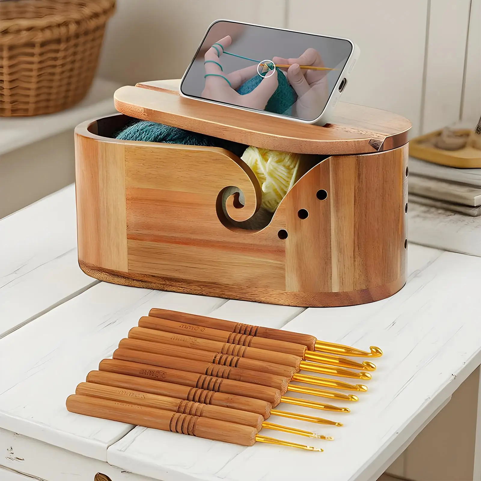 Yarn Bowl for Knitting Wooden Lidded Thread Storage Bowl Double Curling Thread Holder for Quilting Knitting Weaving Crocheting view 3