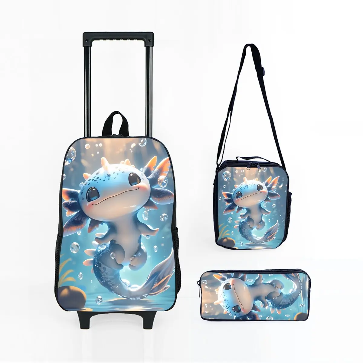 

Sea Dragon Print Wheeled Rolling Bag Set with Lunch Box Pen Bag with Wheels School Trolley Backpack Bag for Girl/Boys