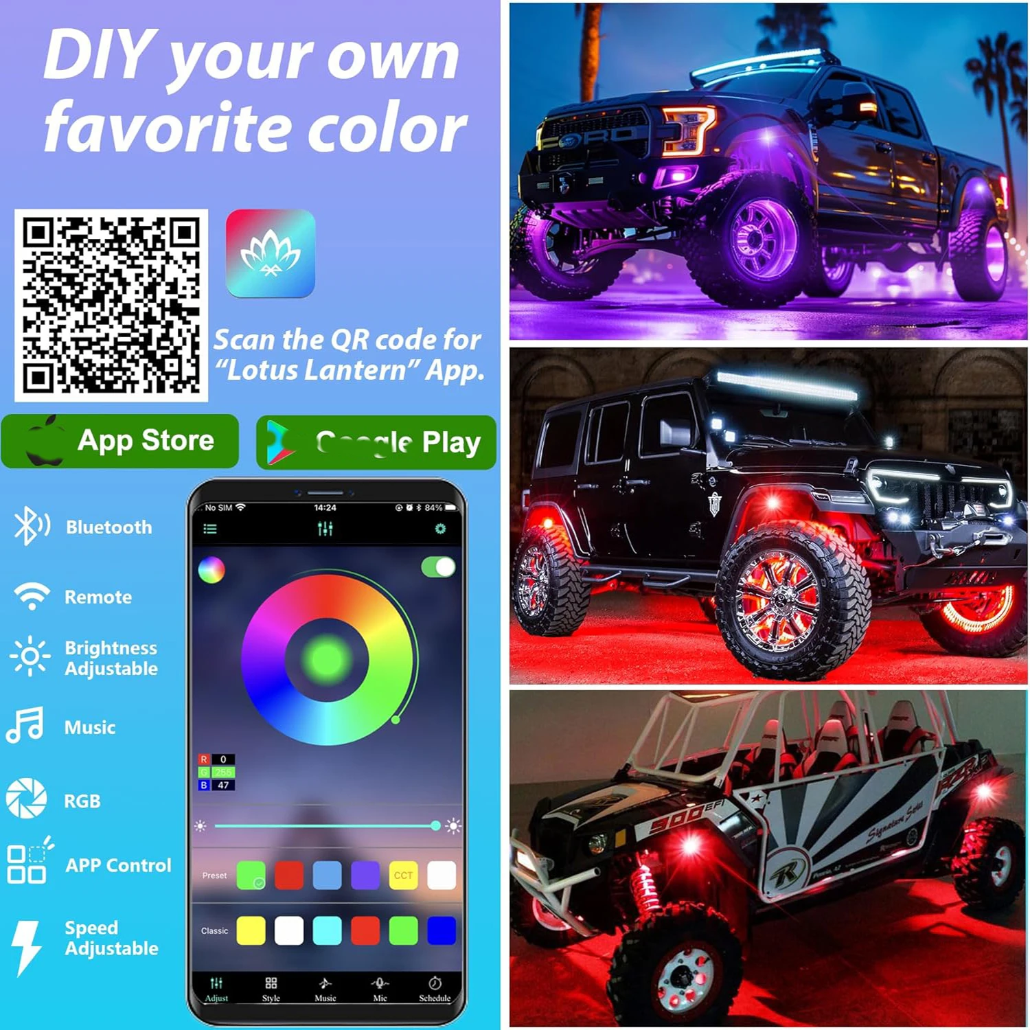 6/8/12Pods النيون LED أضواء الصخور App التحكم RGB LED Underglow أسفل الضوء متعدد الألوان للسيارات SUV شاحنة أضواء تحت الجسم 12 فولت #5