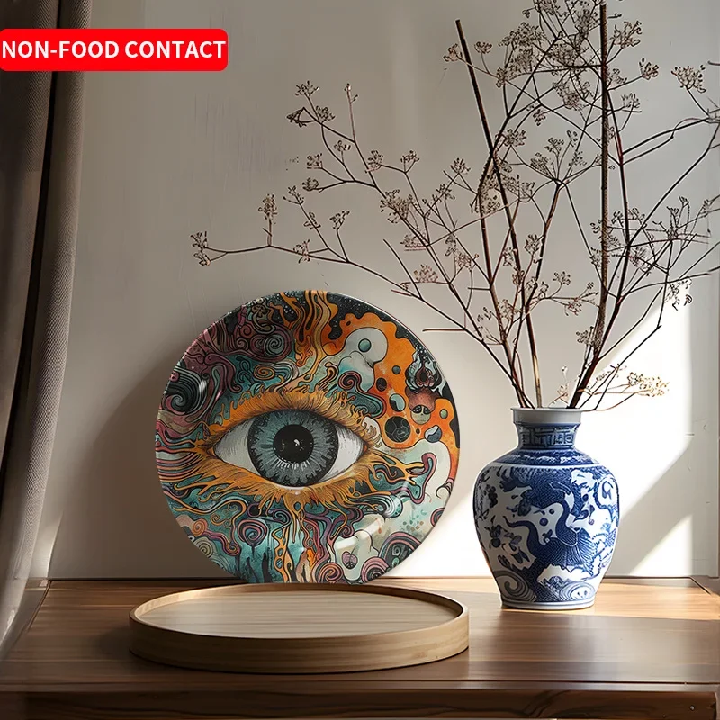1pc Artistic Ceramic Eye Wall Decor – Hand-Painted Non-Food Contact Design, Vibrant Orange, Blue, and Green Swirls on Dark