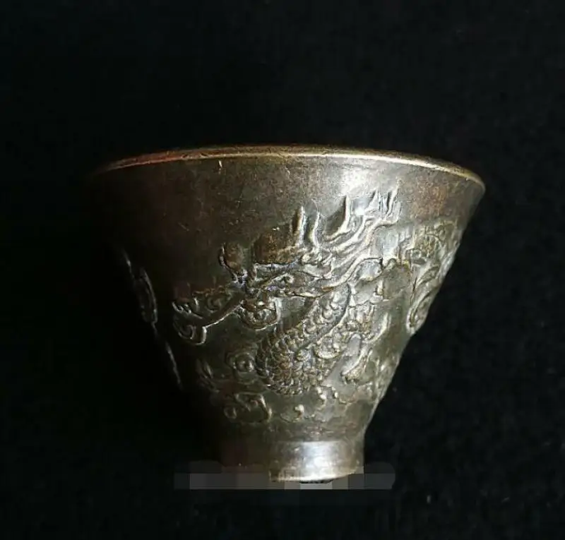 Antique Bronze Dragon Pattern Carved Small Cup Chinese Classic Collection Ornament