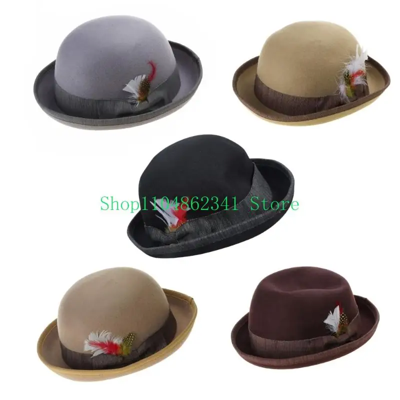 652F Vintage Fedora Top Hat Wool Short Brim Top Hat Western Round Top Hat for Boy Men Adults Cap Panama Hat