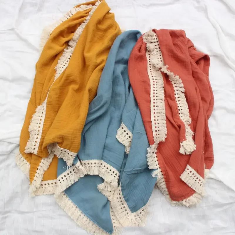 Solid Color Cotton Muslin Swaddle Blanket for Newborn Baby Tassel Receiving Blanket Infant Sleeping Quilt Bed Cover Swaddle Wrap