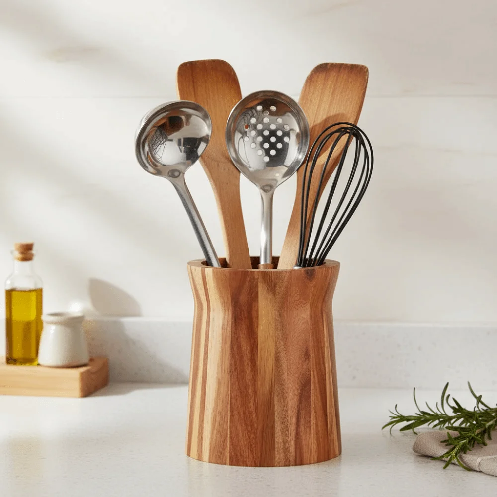 Wooden 360-Degree Rotating Utensil Holder Trapezoidal Smooth Surface Cutlery Storage Box Farmhouse Style Chopstick Cage Ladles
