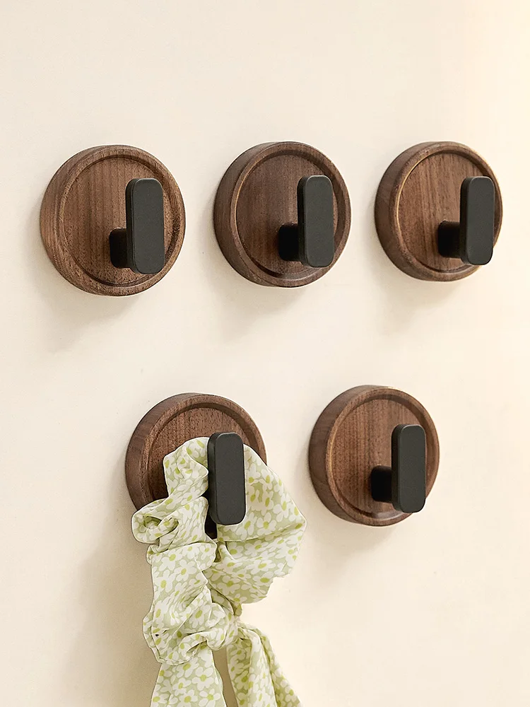 Walnut Wood Coat Rack Hooks Black Wall Hangers for Hanging Keys, Clothes, Bathroom Robe and Towels and Entryway, No Drilling