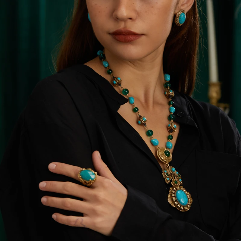 Vintage Gold Color Turquoise Jewelry Sets Pendent Beads Necklace Oval Stone Earrings Brand 2026 Engagement Accessories For Women