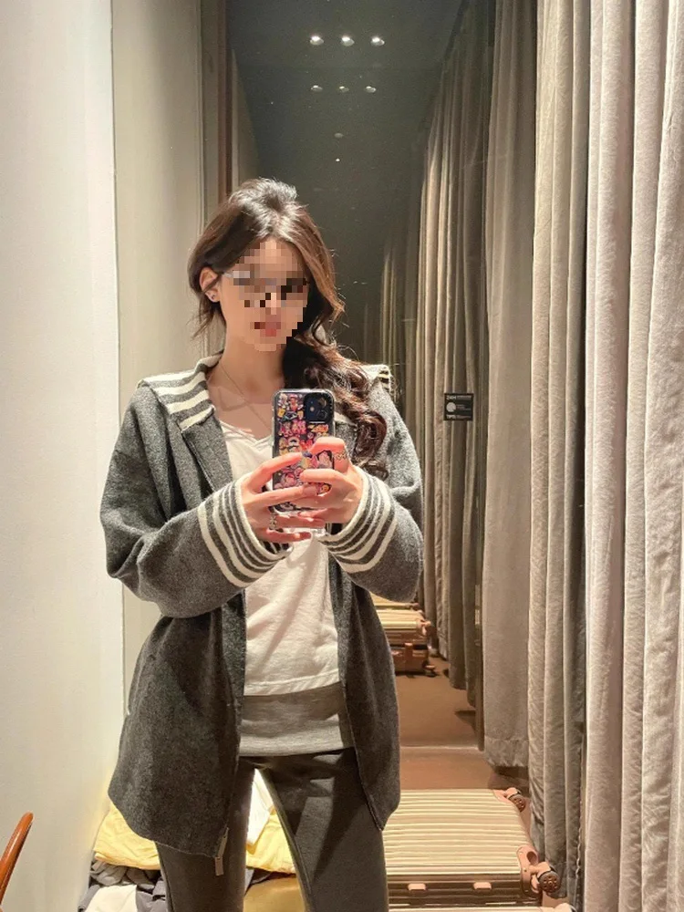 

Autumn College Style Open Cardigan Lazy Grey Design Casual Stripes Women's Knitted Sweater Naval Collar Striped Color Block