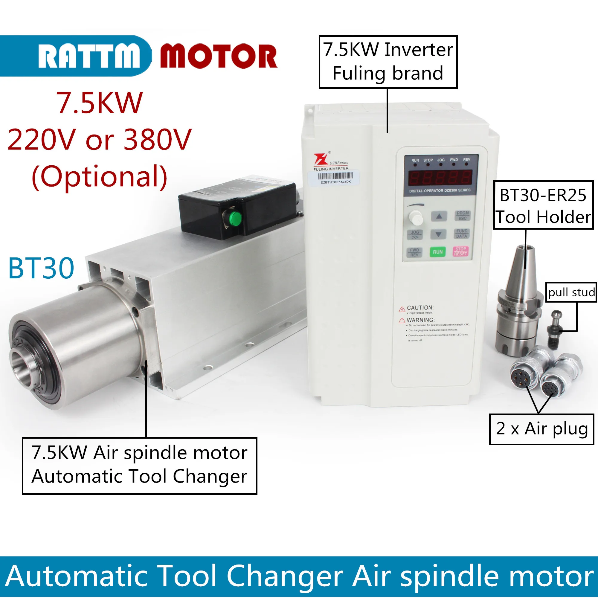 『EU Free Shipping』ATC Spindle Motor BT30 7.5KW Square Air Cooled 220V 380V & 7.5KW FULING Inverter VFD CNC Router Drilling Kit