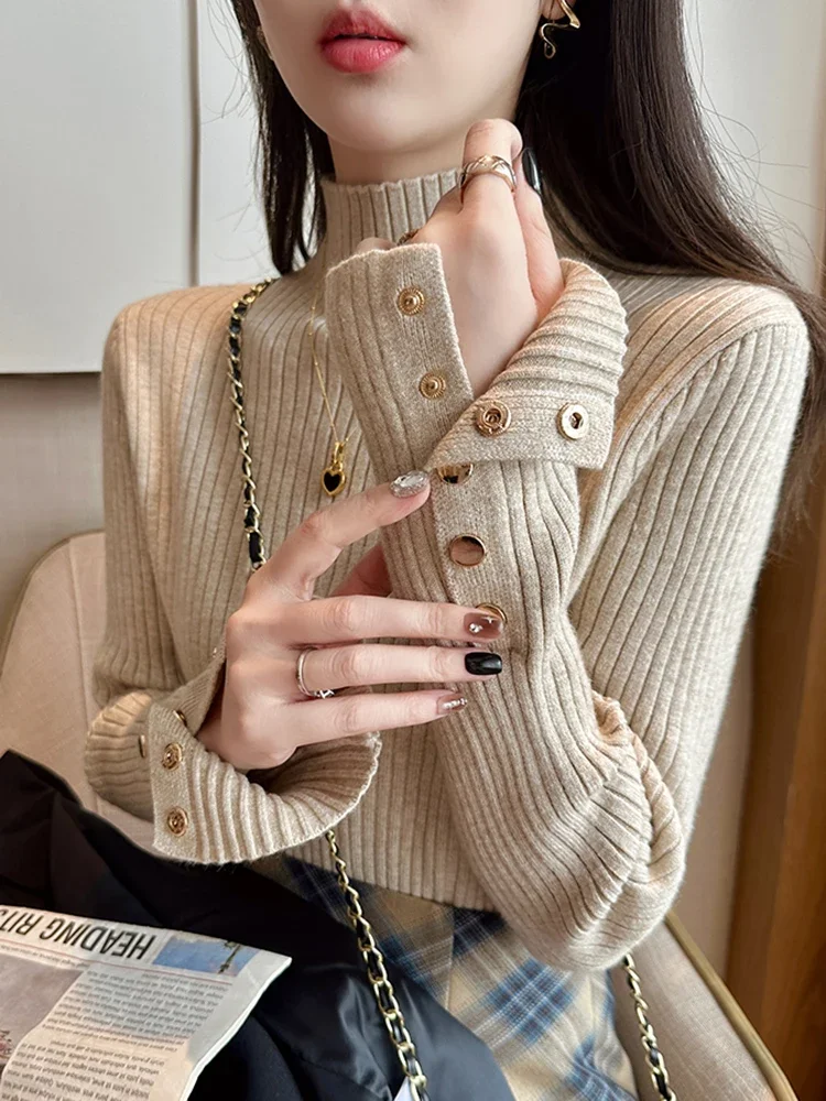 

Korea women thick sweater pullovers thic casual autumn winter button o-neck chic sweater female slim knit top soft jumper tops