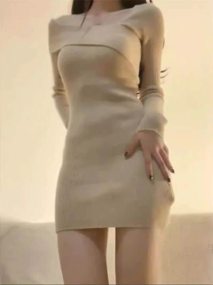Outono inverno sexy vestido de malha fino ajuste manga longa bodycon camisola vestido com nervuras mini vestido rua chique clube noite moda feminina
