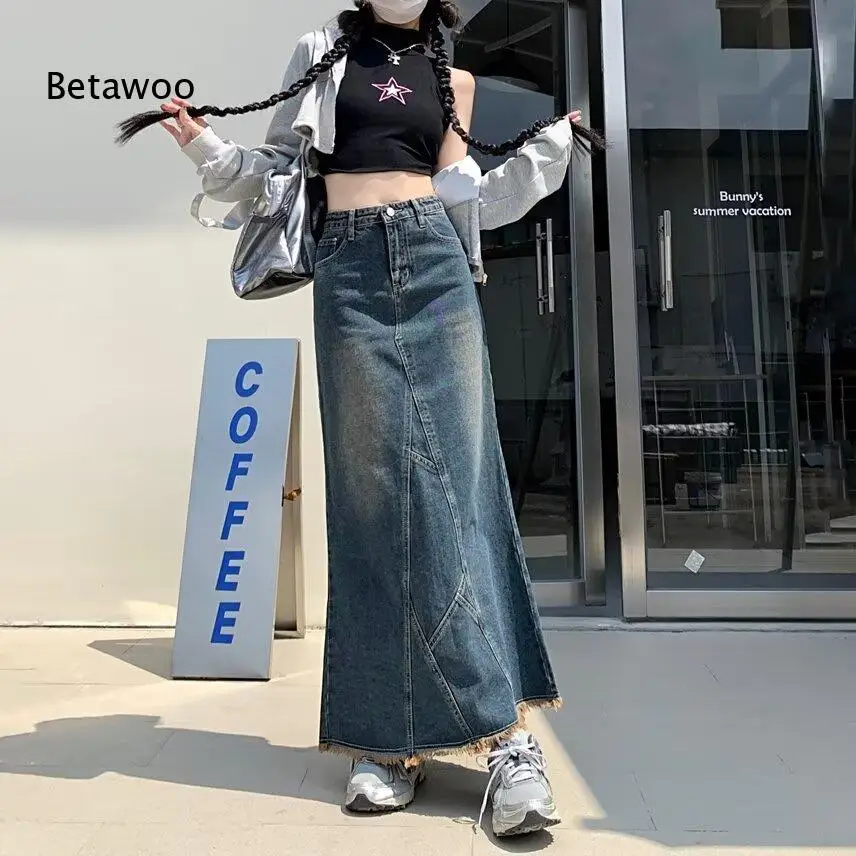 Vintage Gradient Blue Denim Maxi Skirt Ladies High Rise Frayed Raw Hem Asymmetric Stitching Flowy Long Jean Skirt