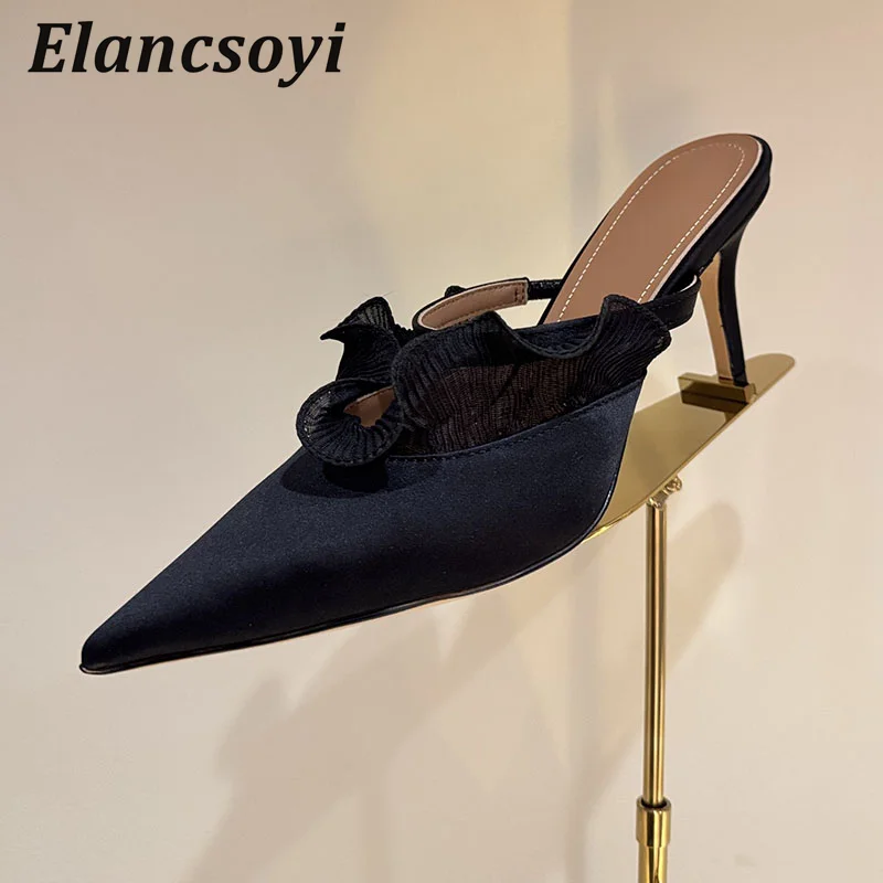 High Heels Slippers Women's Satin Lace Ruffled Thin Heels Sandals Pointed Toe Lazy Mules Shoes Summer Sexy Outdoor Half Slippers