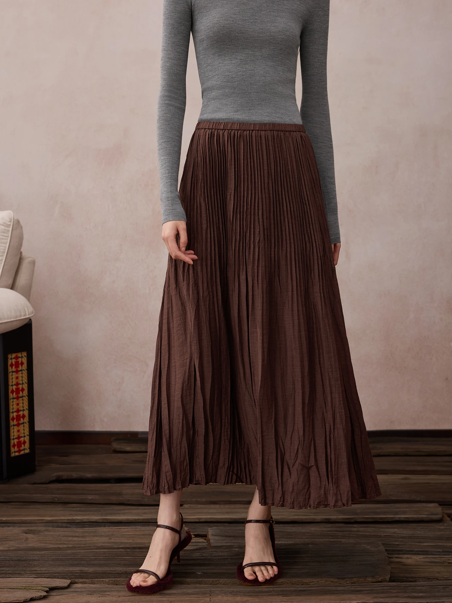 Elastic Waist Pleated  Skirt Women's A-Line Maxi Skirt Autumn 2026 New Style Pleated Skirt Skin-friendly Breathable