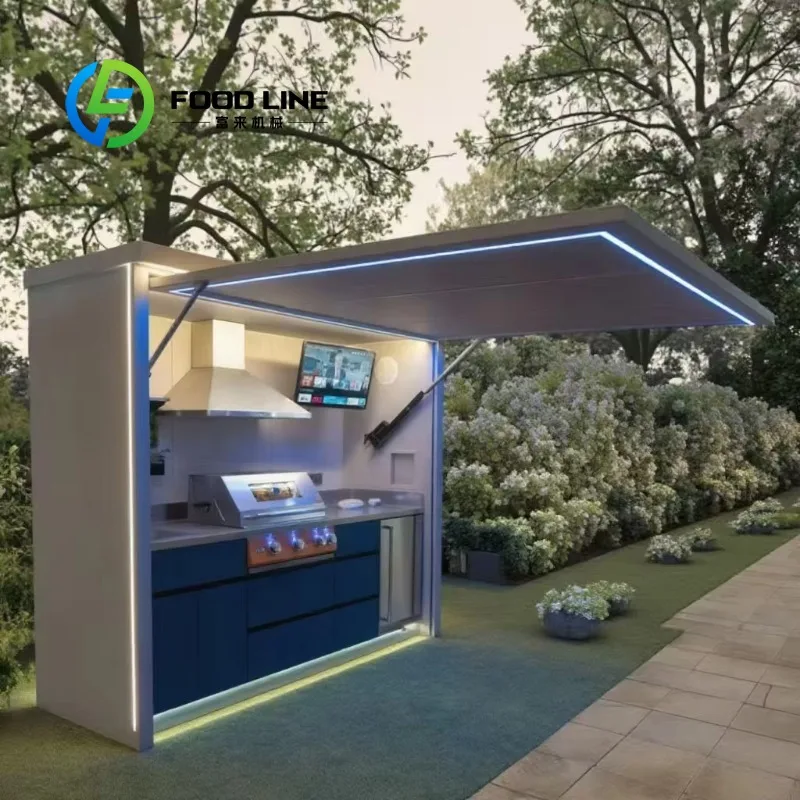 

Customized Modular Weatherproof Enclosed Shelter with Outdoor Kitchen Pavilion Featuring a Barbecue and Sink