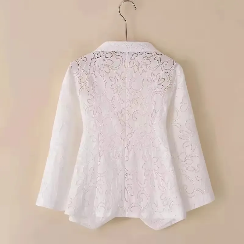 Fashion Women Blazer Thin Jacket 2025 New Spring Cardigan Hollow Lace Three-quarter Sleeve Suit Coat Ladies Sun Protection Clot