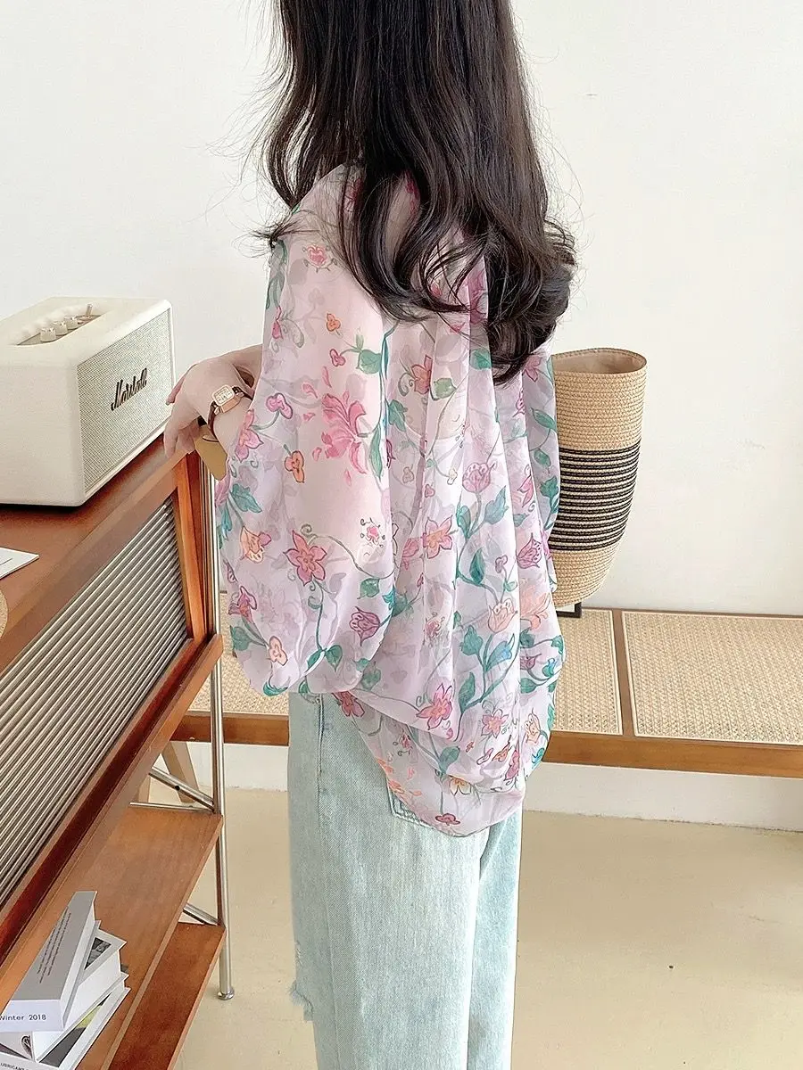 Chiffon Top Women\'s Summer New Loose and Fashionable Slimming Cover Shirt Sheer Lantern Floral Long Sleeved Sun Protection