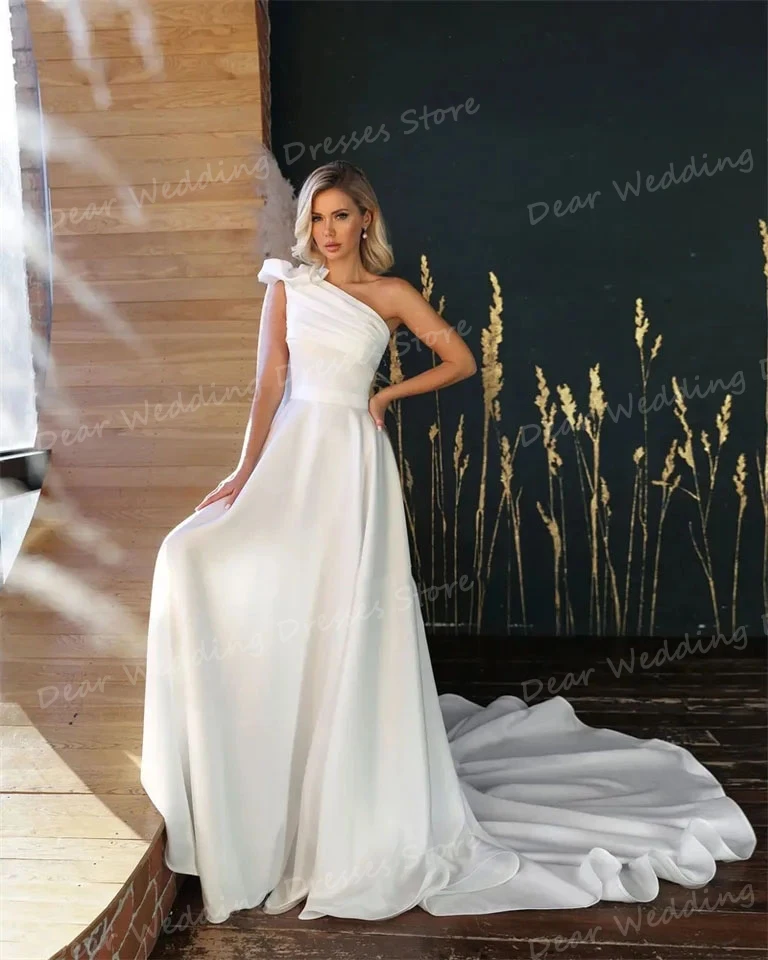 Simple Shawl Sexy Satin Wedding Dresses Formal Women's Backless One Shoulder Sweep Train For Bridal Gowns Elegant Robe De Soirée