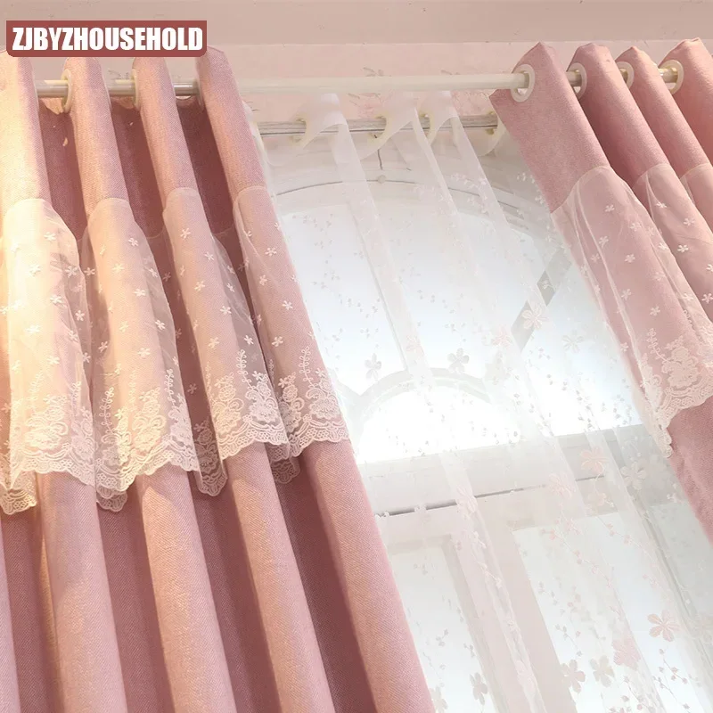 Korean Pastoral Princess Pink Curtains for Living Room Bedroom Girl Beautiful Shading Simple Modern Fresh Lace Floating Custom