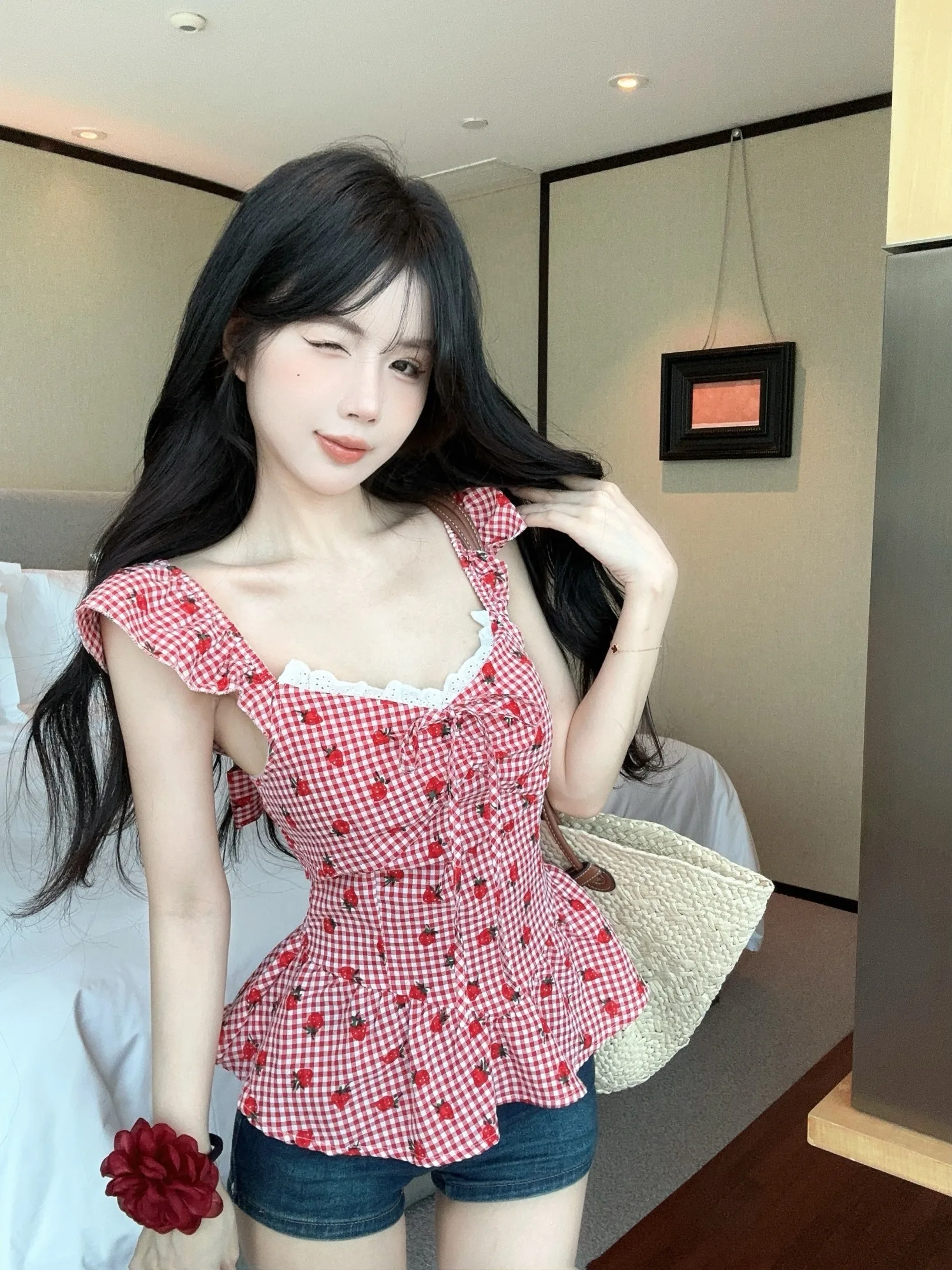 French Style Slim Fit Cotton Shirt Strawberrie Print  Knot Summer New Arrival Women's Top Breathable Lightweight
