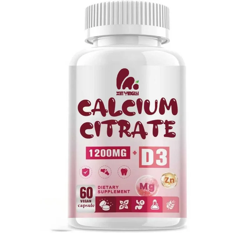Cápsula de citrato de calcio 1200 mg, suplemento de vitamina D3, soporte para la salud de los músculos esqueléticos y los dientes