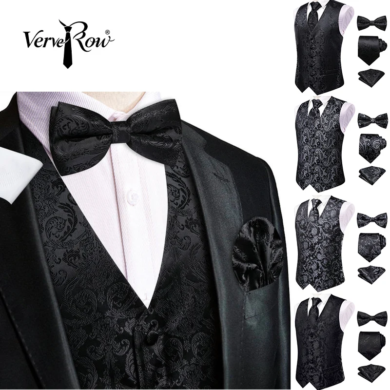 VerveRow Men Black Paisley Jacquard Waistcoat 4Pcs Set Vest Bow Tie Necktie Pocket Square Wedding Formal Suit