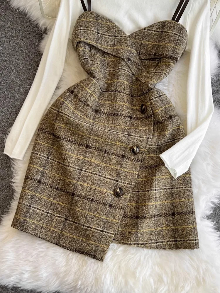 Elegante Mini abito con spalline sottili donna autunno inverno abito di lana scozzese irregolare Vintage senza maniche elegante prendisole