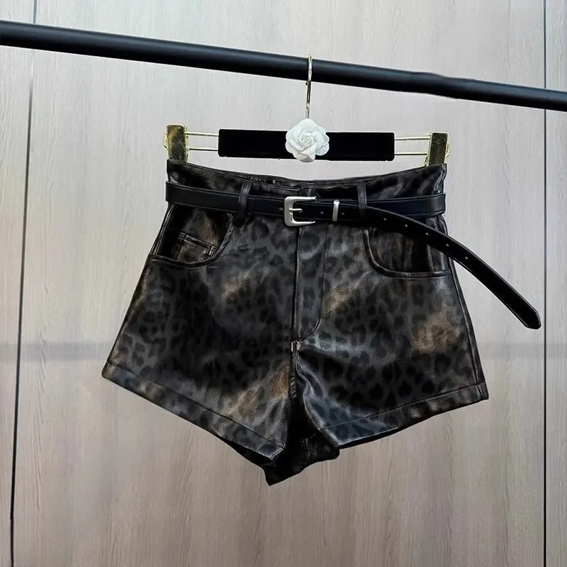 American Retro Leopard Print Shorts Women's Spring Autumn Fashion High Waist Casual Pants A-Line Hip Cover PU Leather Pants