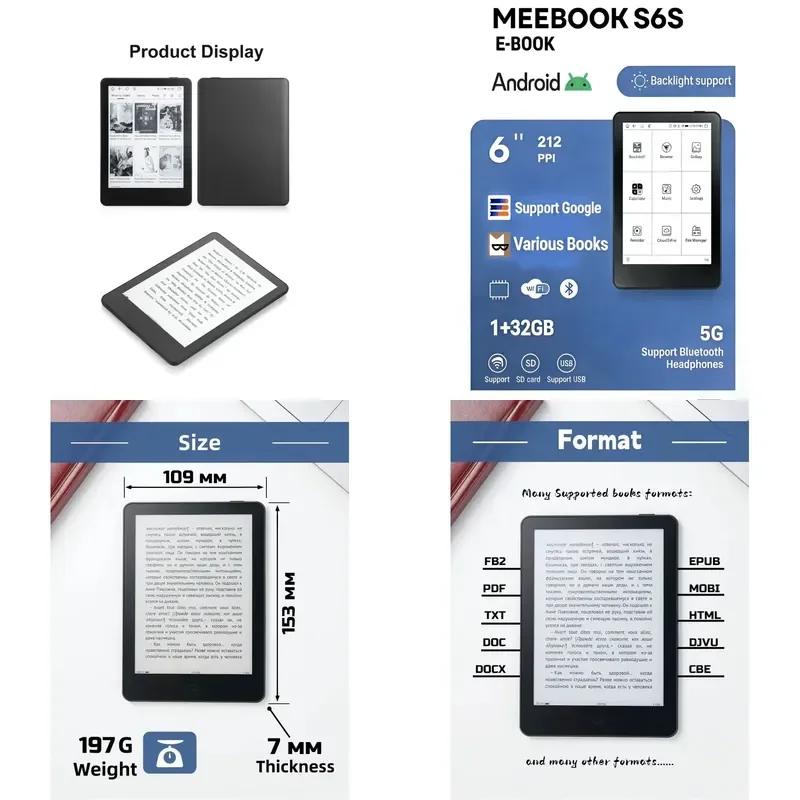 【CHIMU HOME】 S6S 6 Inch E-book Reader for Android 32GB 212 PPI E Ink Screen WIFI 5G SD Card Support Google Play Store English