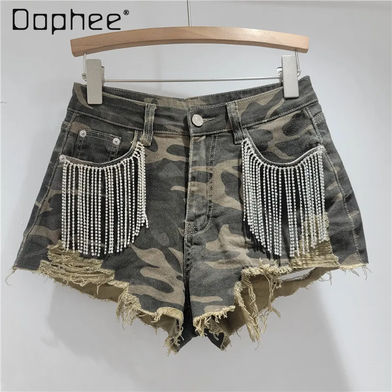 Diamond Fringed Denim Shorts Women 2025 Summer New Retro Leopard Print High Waist Ripped Rough Edge Wide Leg Pants Sexy Shorts