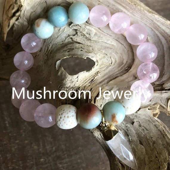 

Natural ROse Quartz Bead With Clear Quartz WHite Lava Yoga Mala Bracelet